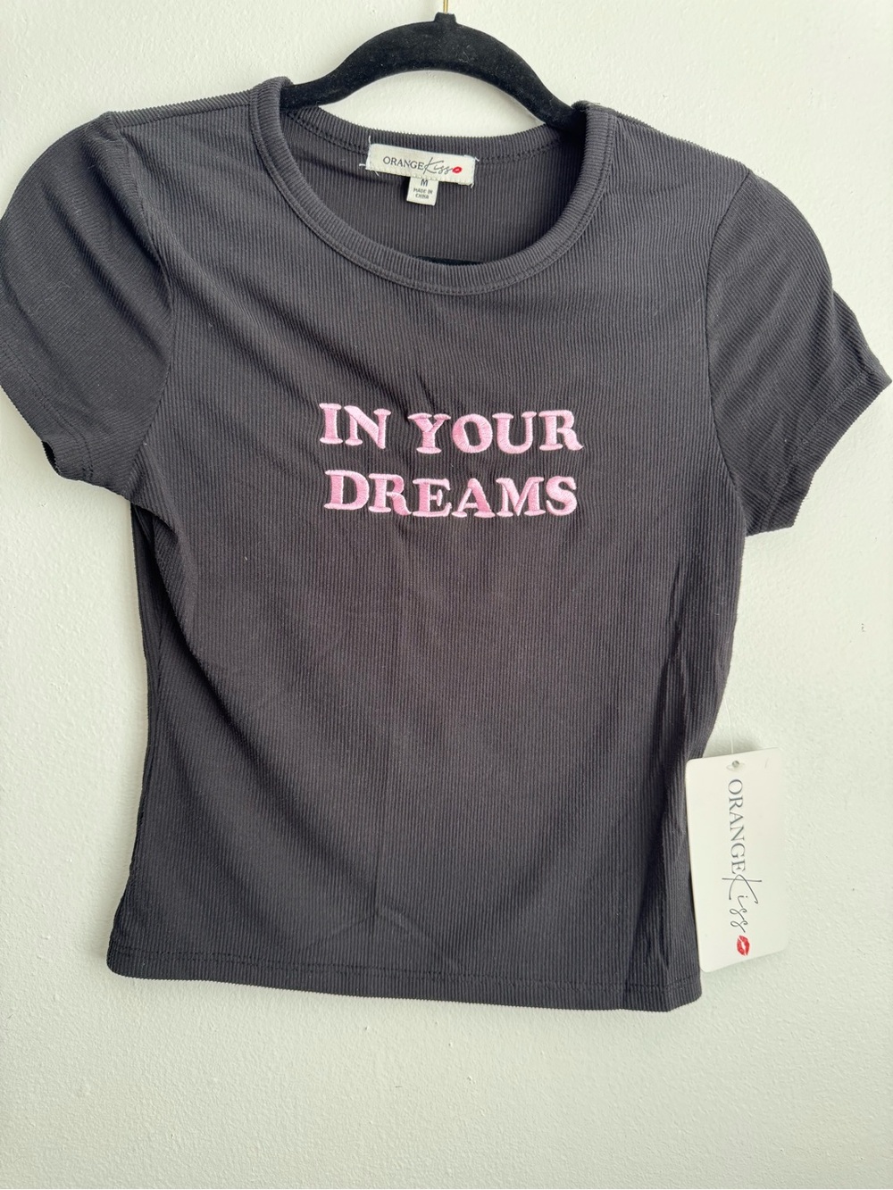 Orange Kiss Black Ribbed Crop Top with Pink 'In Your Dreams' Embroidery